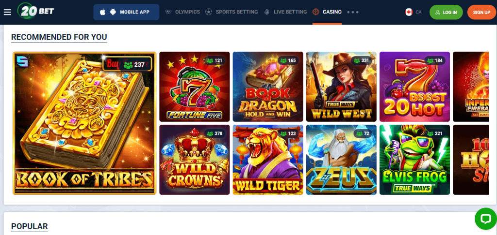 Screenshot of 20Bet's game library