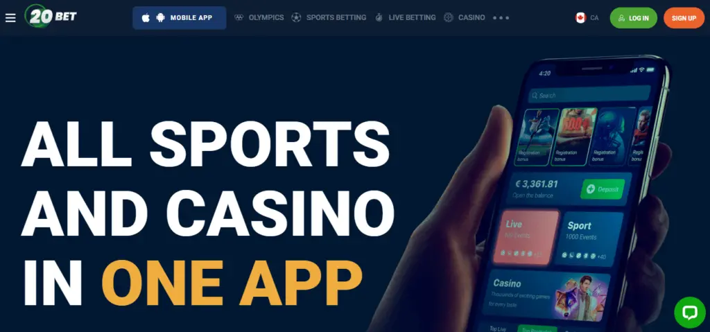 20Bet Casino's mobile app page