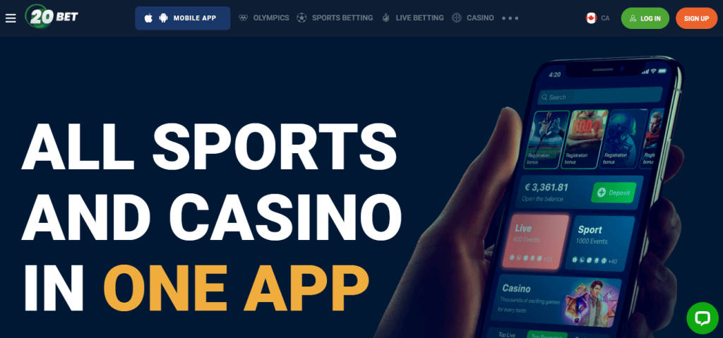 Screenshot of 20Bet Casino's mobile app page