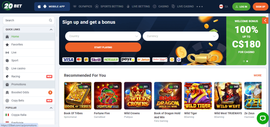 Screenshot of 20Bet Casino's official website