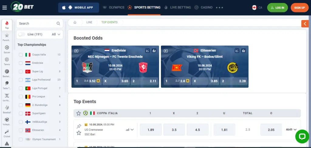 20Bet's sport section