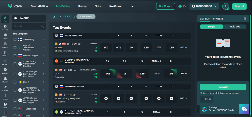 Screenshot of the Live Betting section at Vave Casinoa