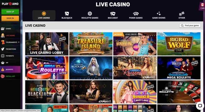 Screenshot of the PlayAmo Live Dealer page