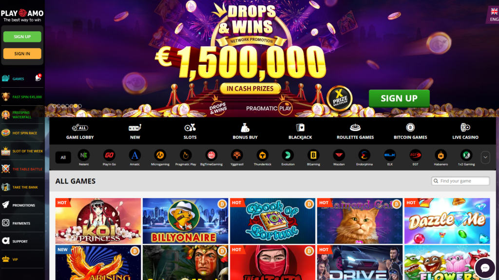 Screenshot of PlayAmo Casino homepage