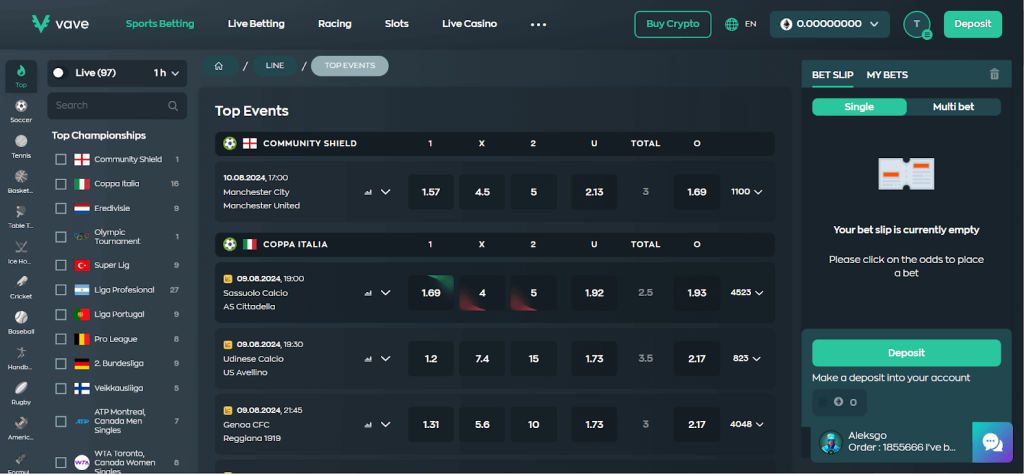 Screenshot of the Sports Betting section at Vave Casino