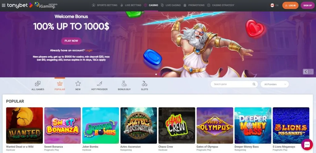 TonyBet's popular games to play