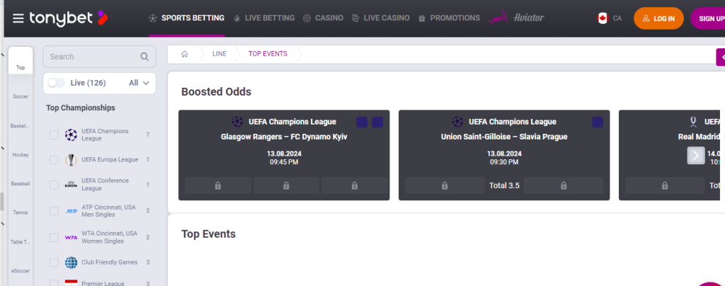 Screenshot of TonyBet's Sport Betting section