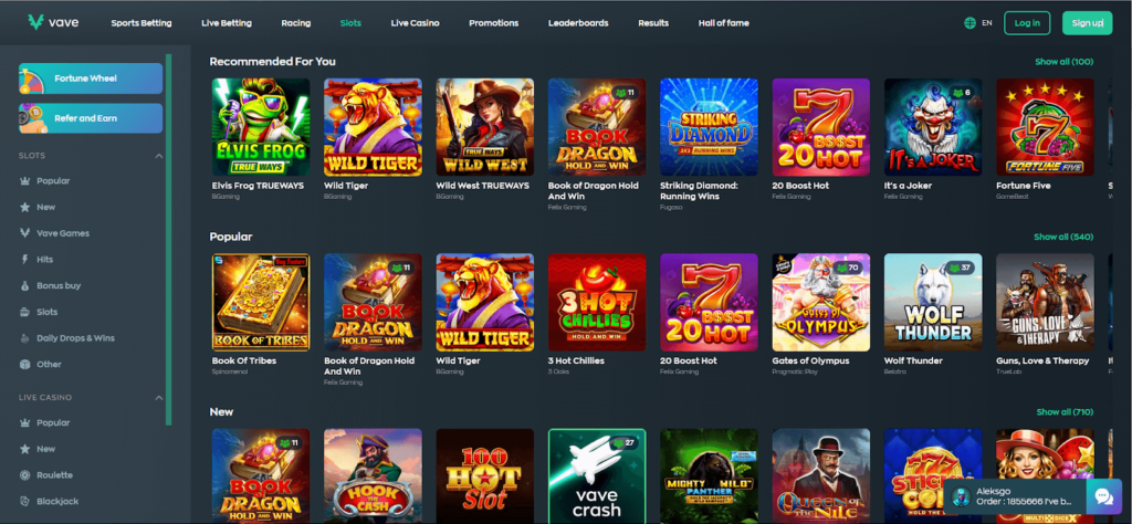 vave casino game selection