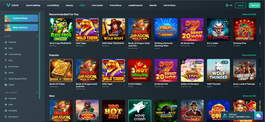 Vave Casino game selection