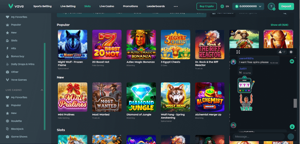 Vave Casino Live Chat support