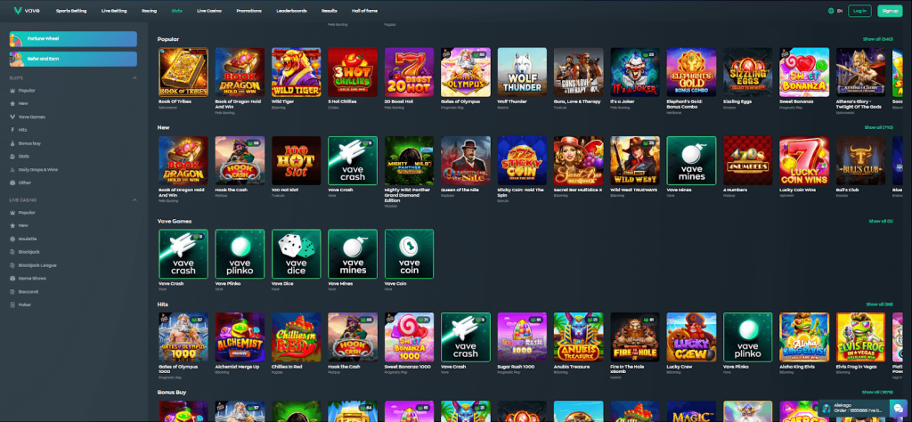 Screenshot of popular slots to play at Vave Casino