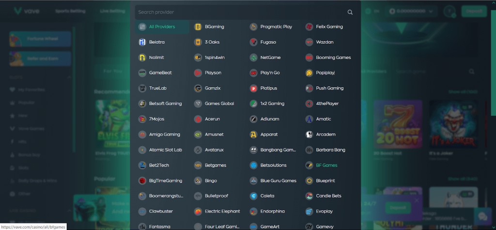 Screenshot of Vave Casino's software providers