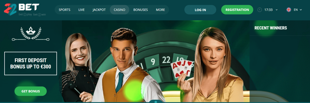 Screenshot of 22Bet Casino official website