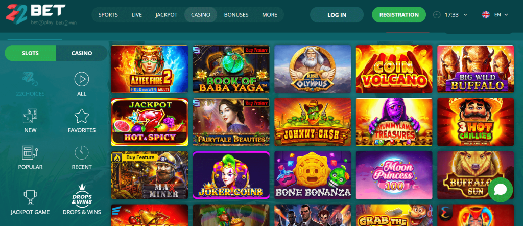 Screenshot of 22Bet available slots to play