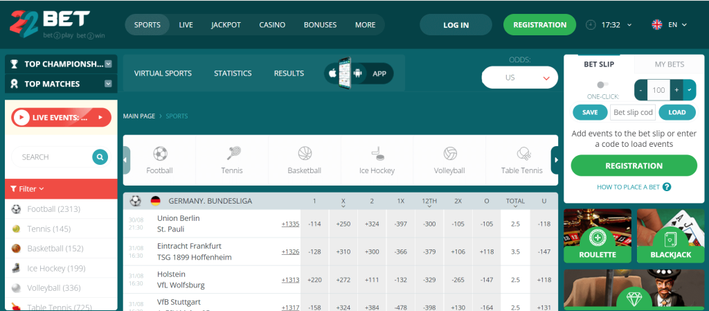 Preview of 22Bet Sports Betting page and options