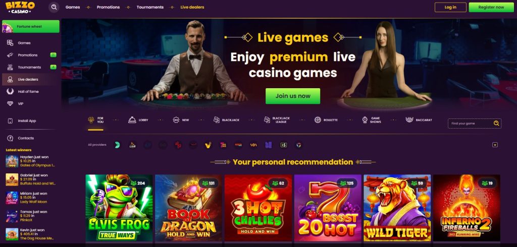 Screenshot of Bizzo Casino live games library