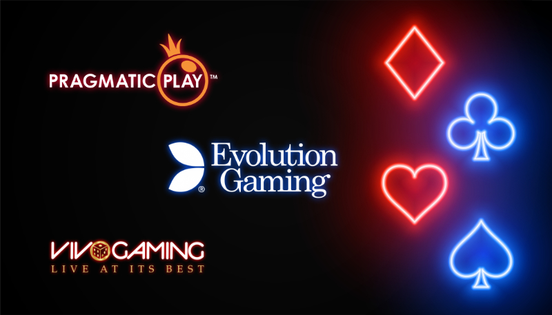 Casino software provider logos on a, black background with neon card symbols: Pragmatic Play, Evolution gaming and Vivo Gaming