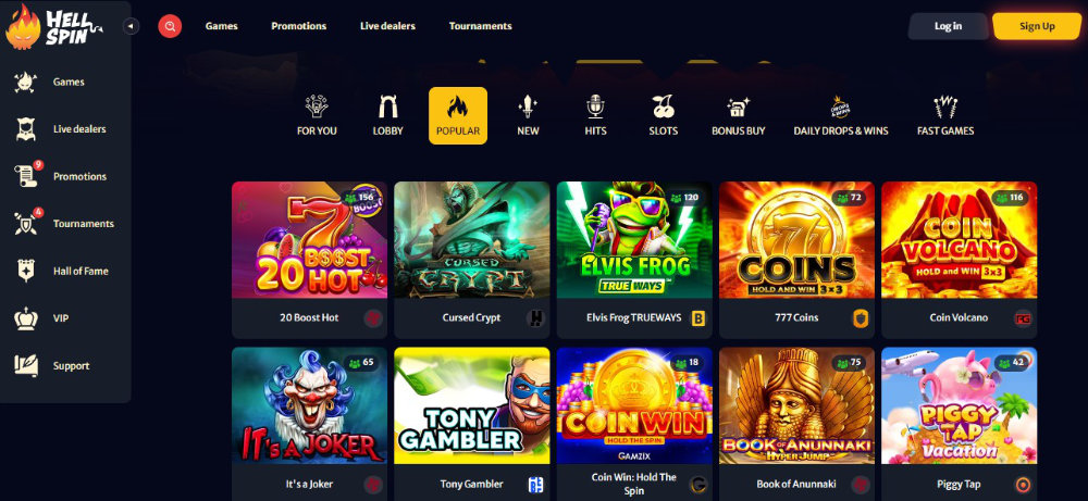 Popular Games category of Hell Spin Casino website