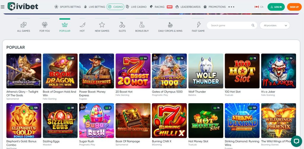 Screenshot of popular games to play at Ivibet Casino website