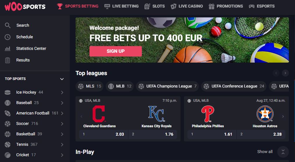 Screenshot of the Sports Betting section at Woo Casino