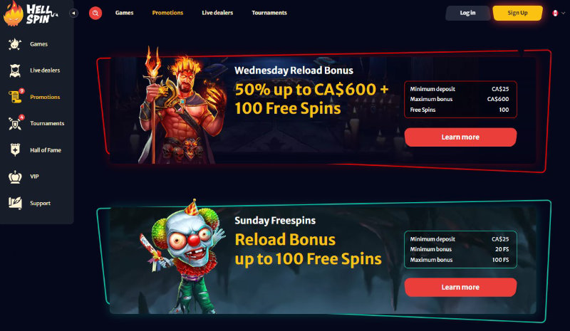 Special Wednesday and Sunday bonuses on Hell Spin official casino page