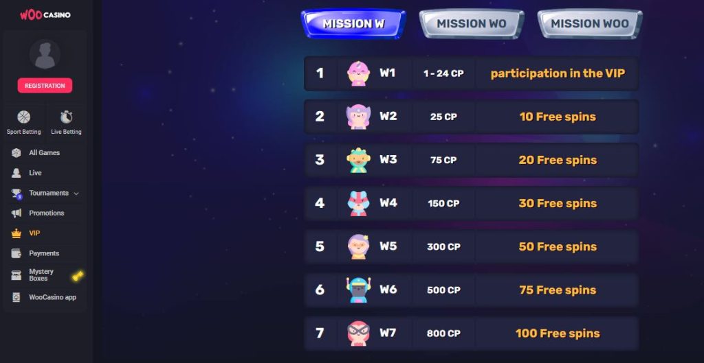 Screenshot of the Woo Casino VIP missions