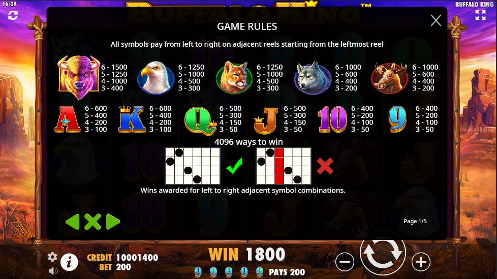 Buffalo slot paytable and game rules