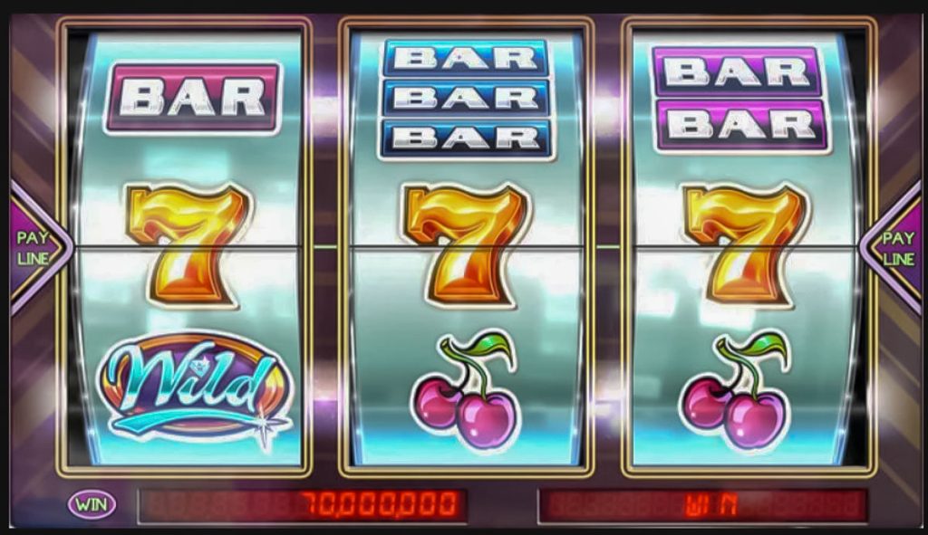 Slot machine screen with a winning combination on the payline, featuring BAR and lucky seven symbols.