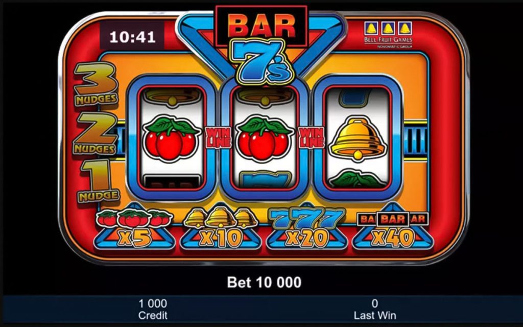 An example of a classic slot game with typical fruit, bell, BAR and lucky seven symbols.