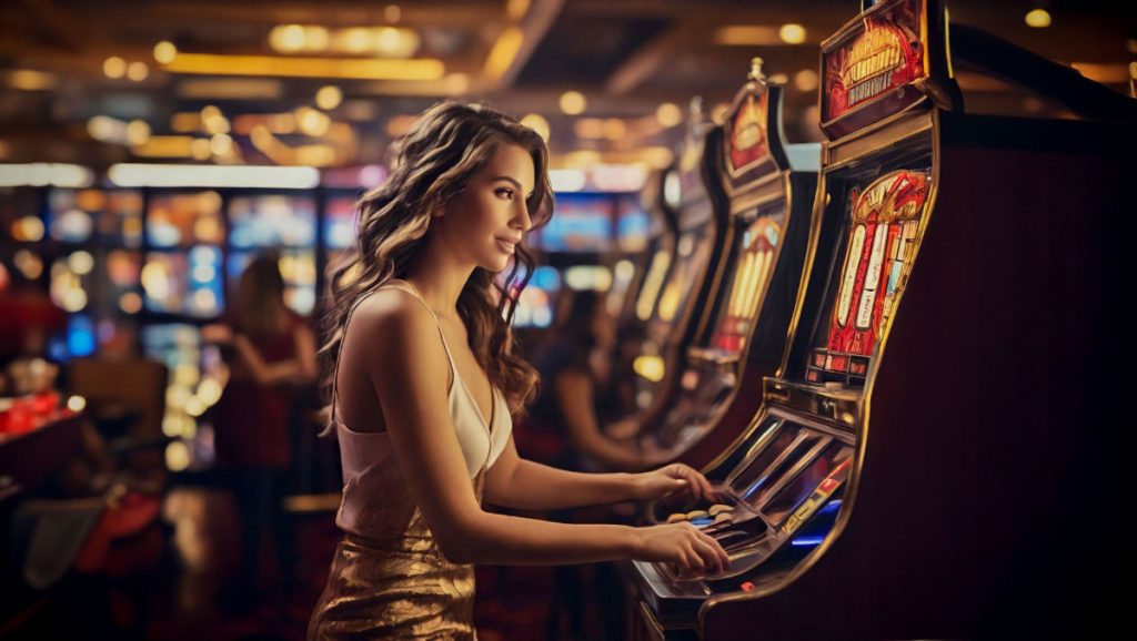 Young woman playing slot machine at a casino.
