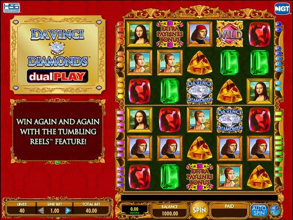 Screenshot of Da Vinci Diamonds Dual Play slot and its tumbling reels feature