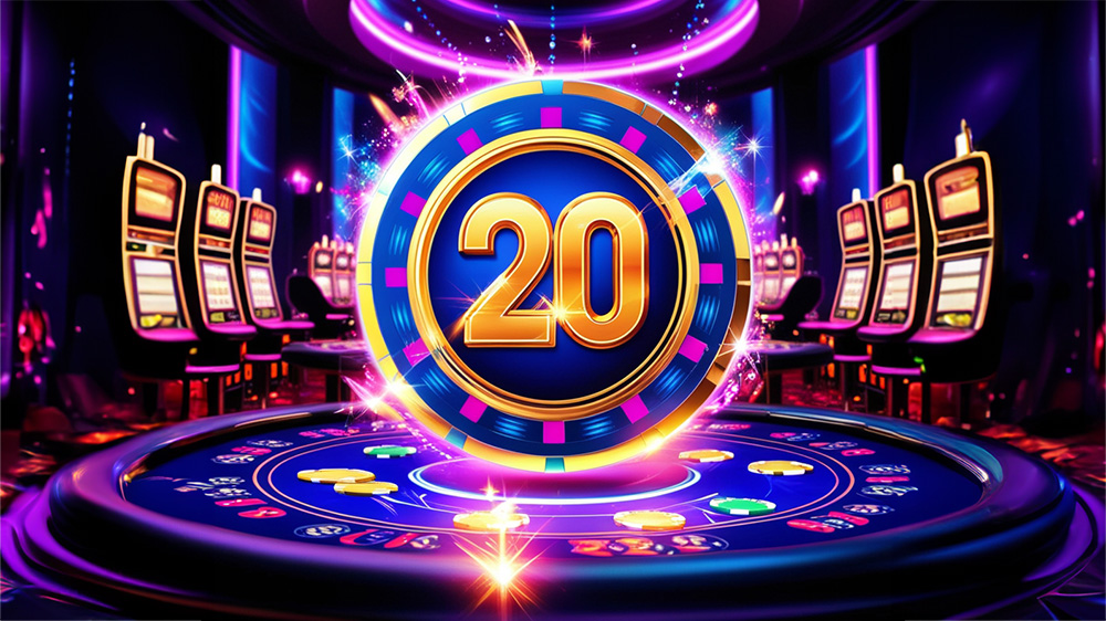 Futuristic online casino concept with a 20 poker chip on a background of slot machines.