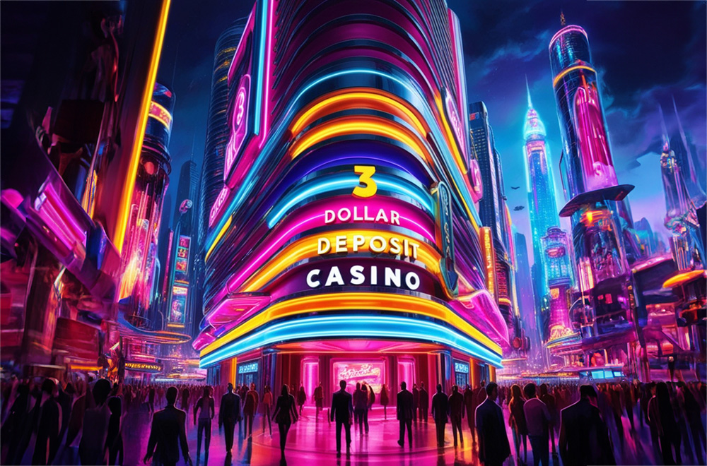 Futuristic city with a 3 dollar deposit casino sign