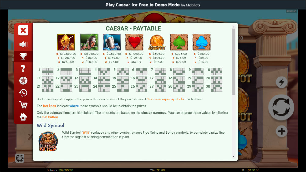 Screenshot of Caesar slot paytable and symbols