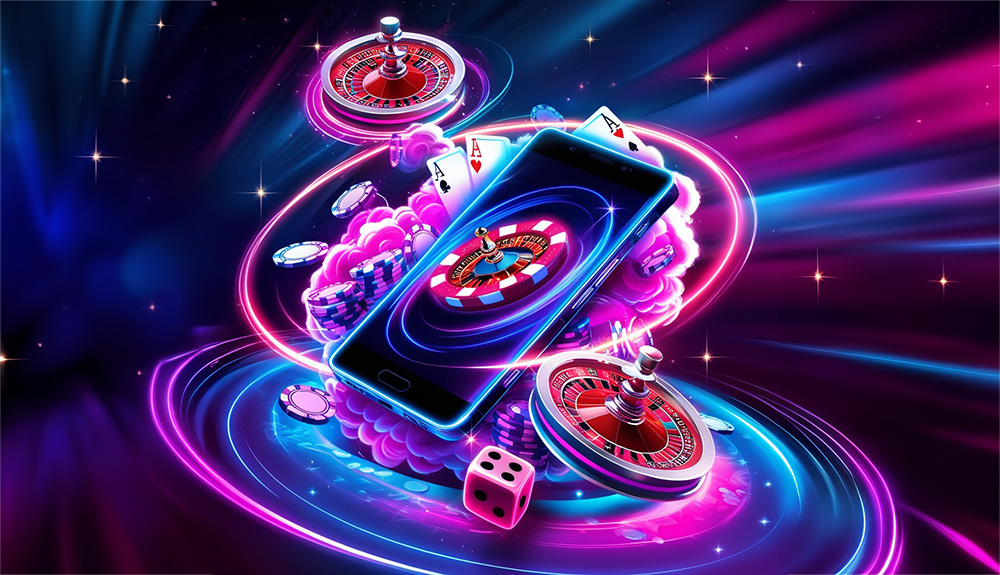 mobile casino futuristic concept with a phone, roulette, playcards, poker chips and lucky dice