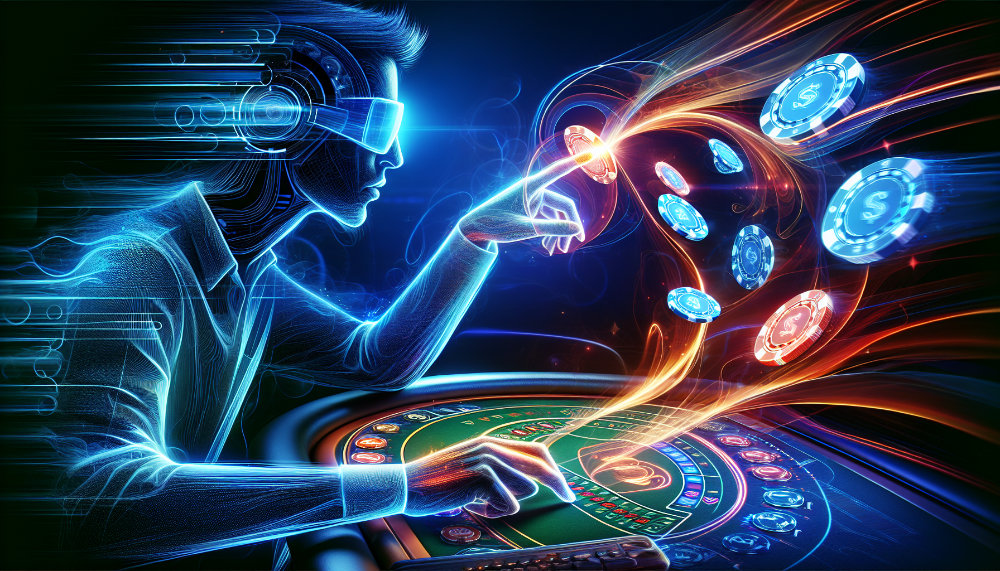 Virtual reality casino gaming with a man wearing VR glasses and interacting with casino chips, surrounded by dynamic data streams.