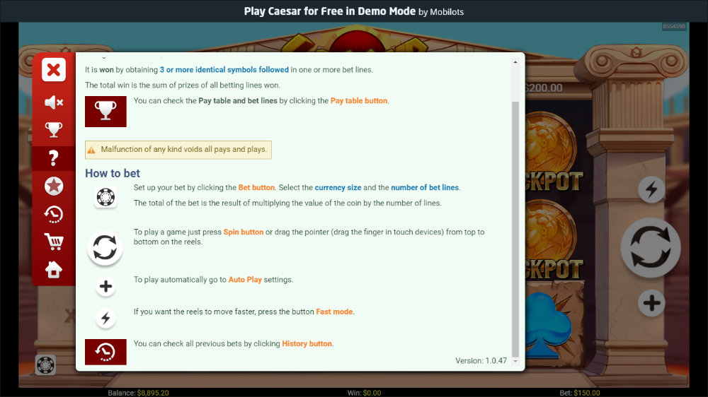 Screenshot of the Caesar slot's online betting instructions