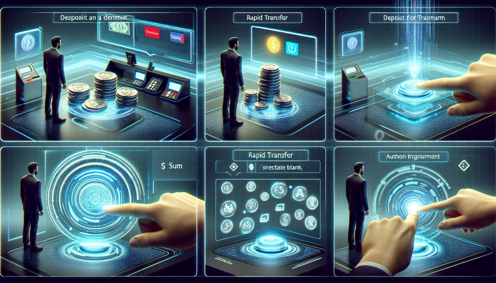 Futuristic step-by-step mini illustrations of how to use Rapid Transfer online.