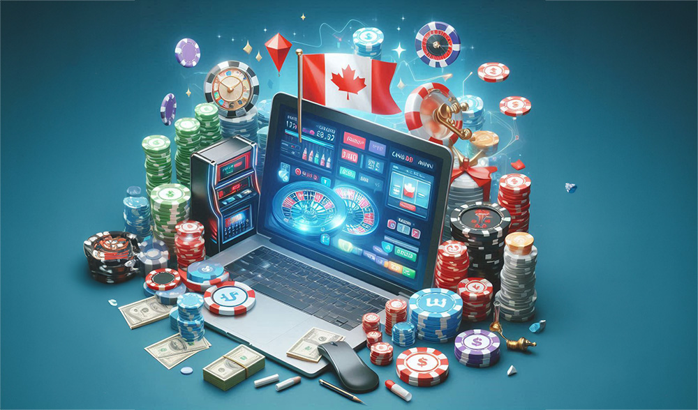 illustration of top online casinos to play in Canada with laptop and poker chips around