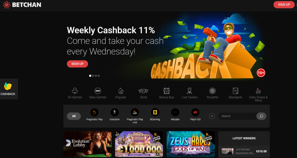 Screenshot of BetChan Casino and its Weekly Cashback offer