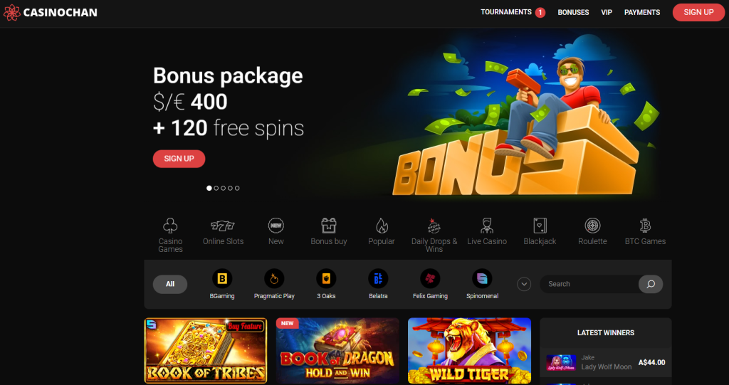 Screenshot of CasinoChan Bonus package offer