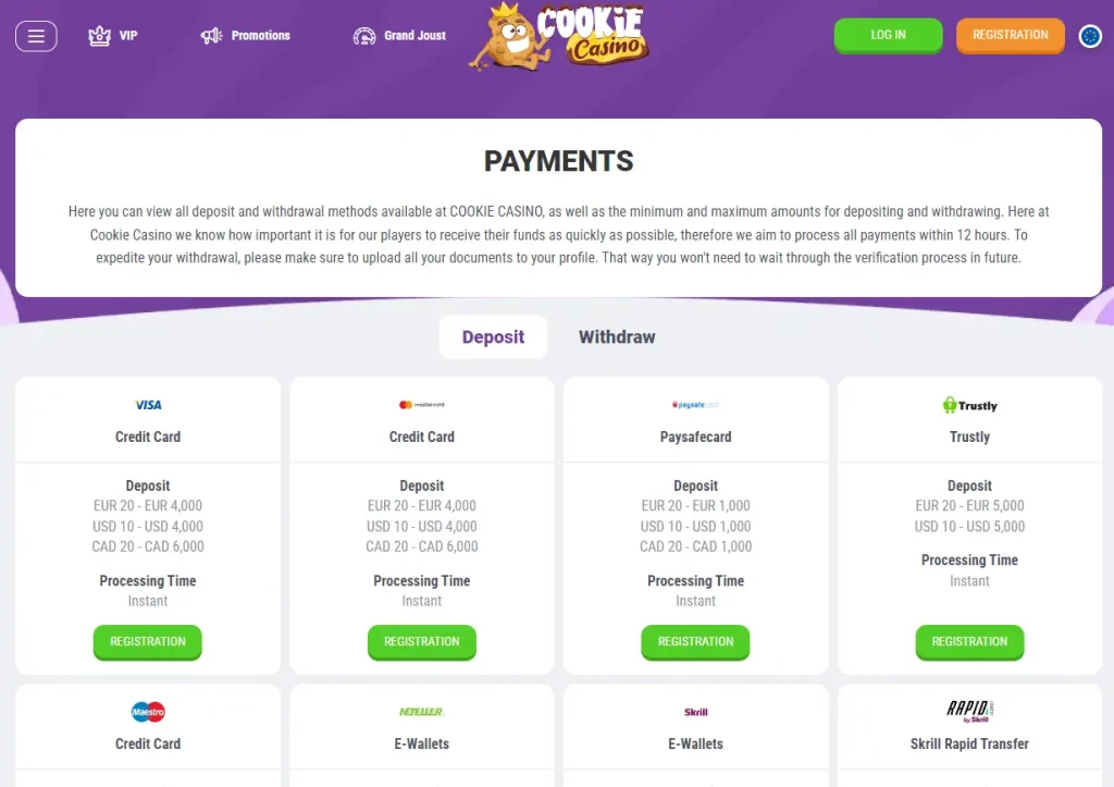 Cookie Casino withdrawal and deposit options