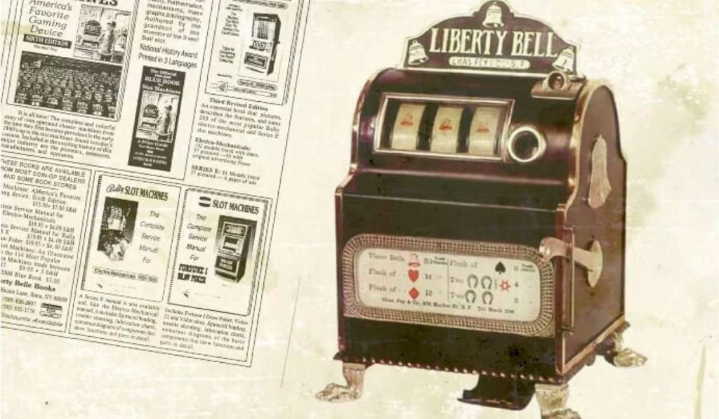 A vintage Liberty Bell slot machine with three reels and a lever. The reels display symbols including bells, horseshoes, diamonds, spades, hearts, and clubs.