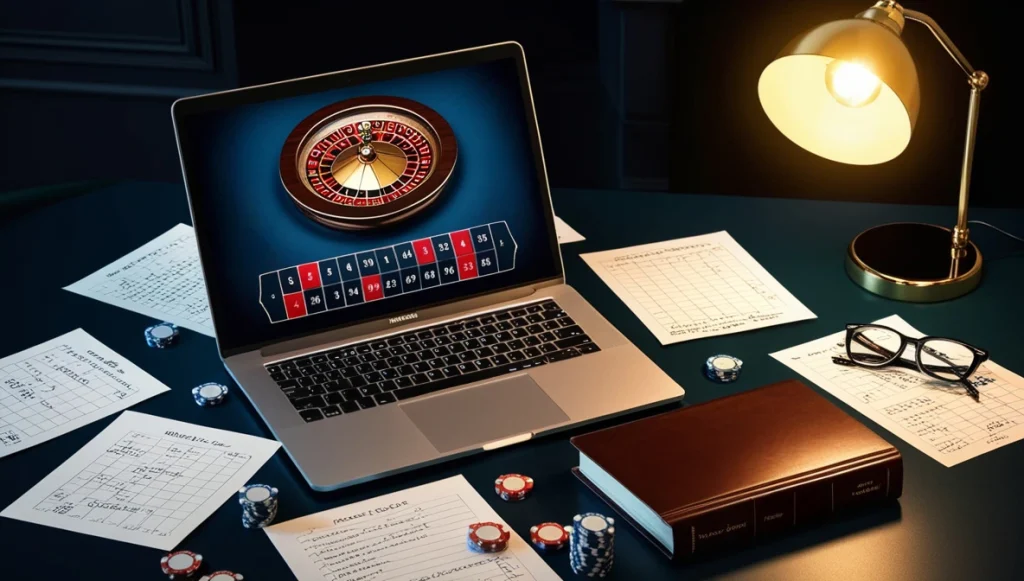 European Roulette Strategies to Win Real Money: A table with a book, notes, chips and a laptop showing roulette online on its screen.