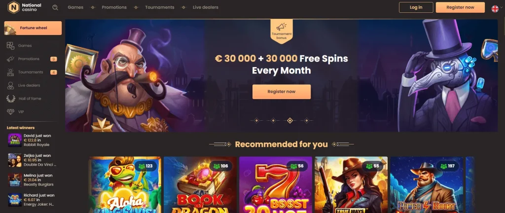 Screenshot of National Casino homepage