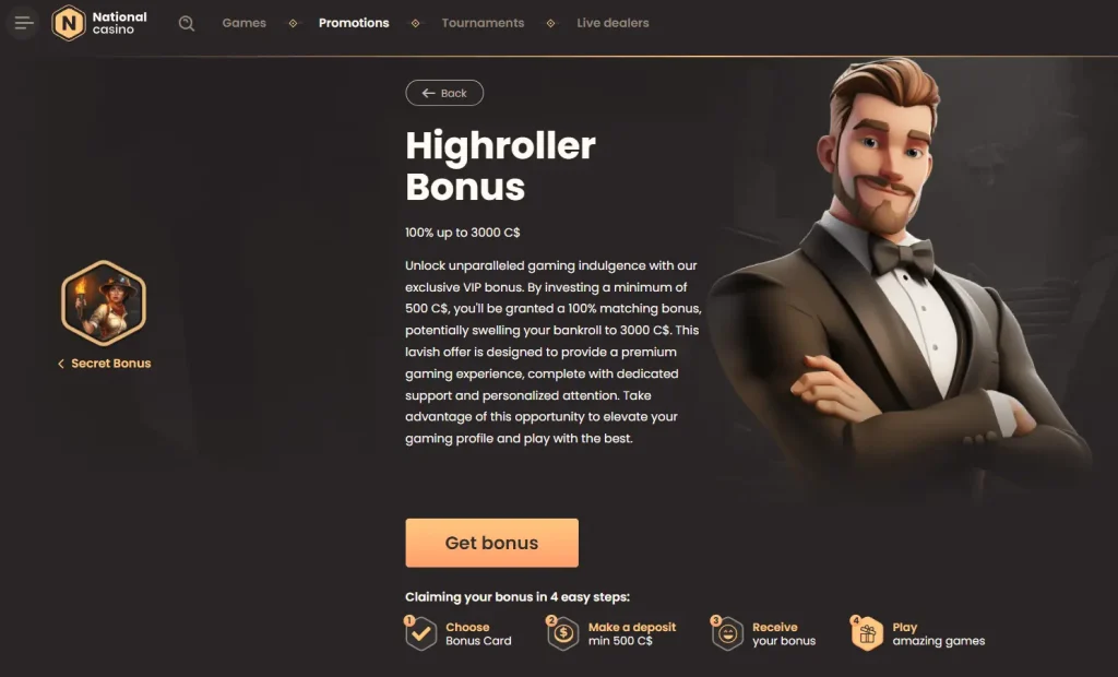 Screenshot of National Casino Highroller Bonus page