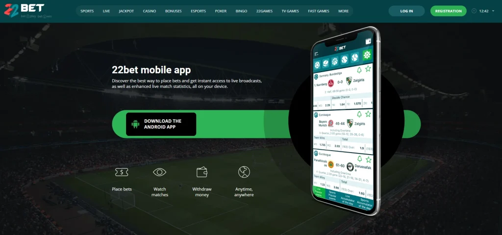 Screenshot of 22Bet mobile app download page