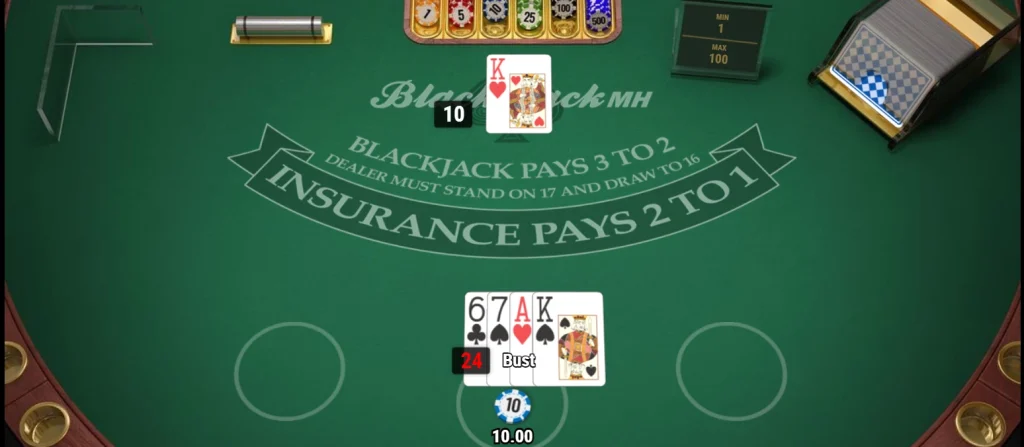 Bust in European Blackjack MH by Play'n GO: Player's hand exceeds 21 and loses the bet