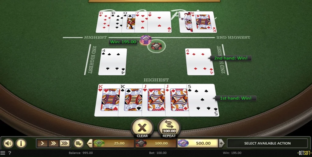 Screenshot of a Betsoft demo for Pai Gow Poker, showing a typical game layout where the player wins both hands