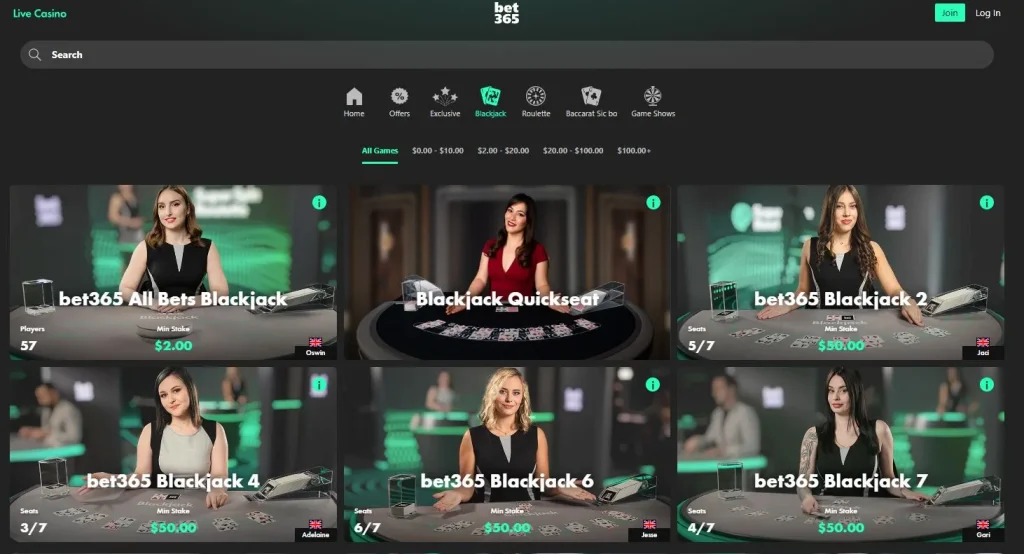 Bet365 Live Casino: Blackjack games